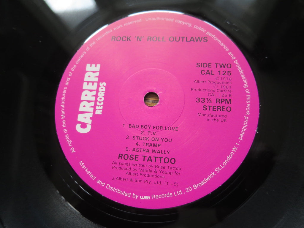 Rose Tattoo - Rock 'N' Roll Outlaws - LP UK Vinyl Album Record Label Closeup